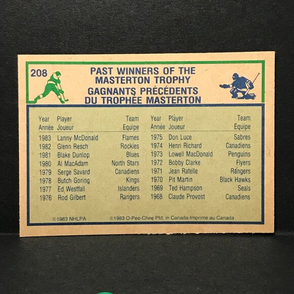 983-84 O-PEE-CHEE HOCKEY #209 PETE PEETERS TROPHY WINNER BOSTON BRUINS - Picture 2 of 2